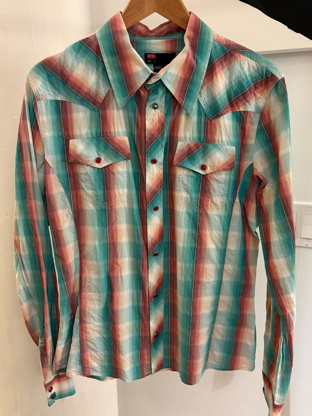 Diesel Men's Plaid Button-Down Shirt in Teal & Coral Slim Fit